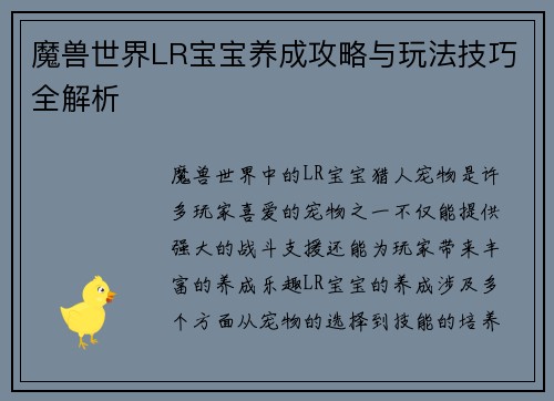 魔兽世界LR宝宝养成攻略与玩法技巧全解析